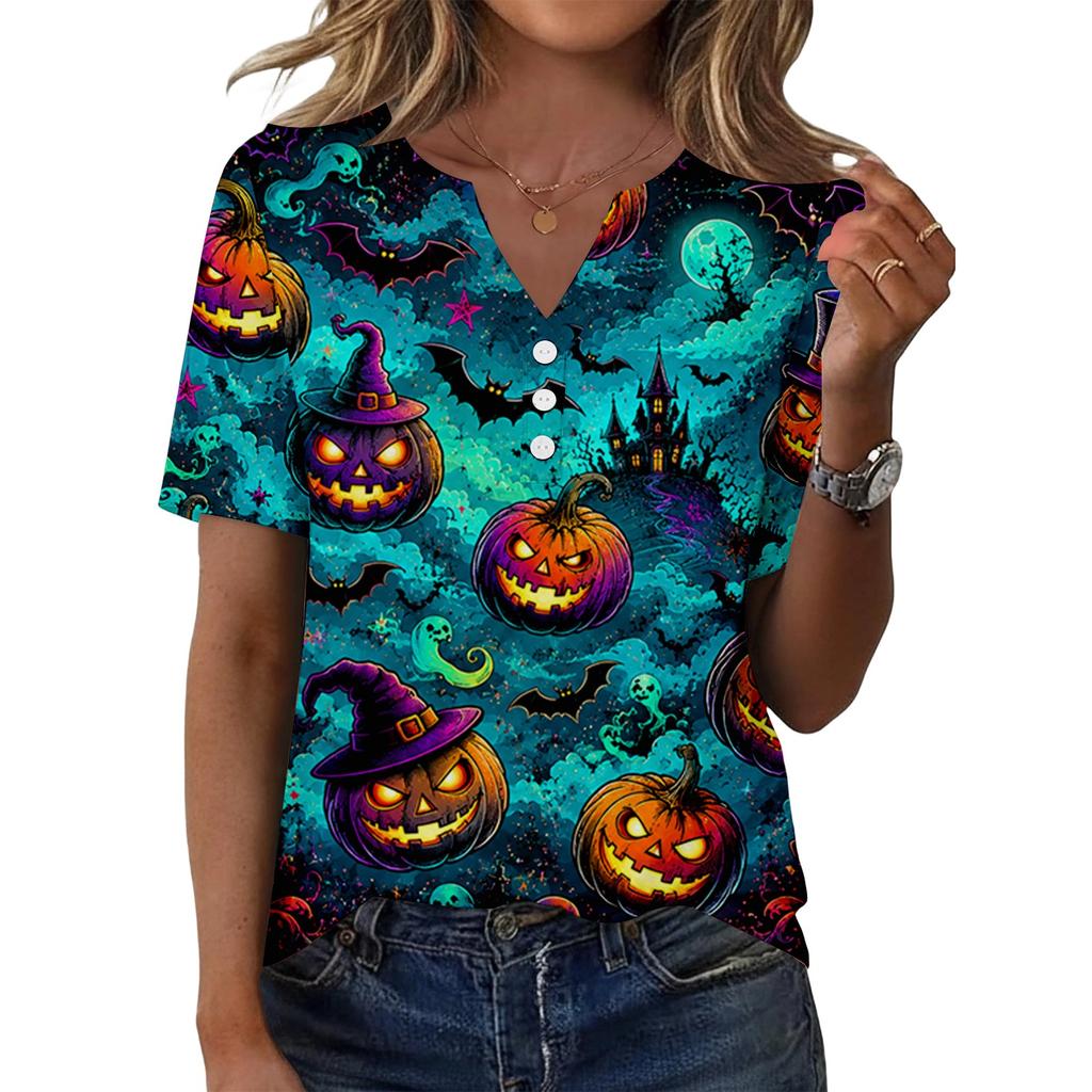 Damen Halloween Print V-Ausschnitt Kurzarm Knopfleiste T-Shirt