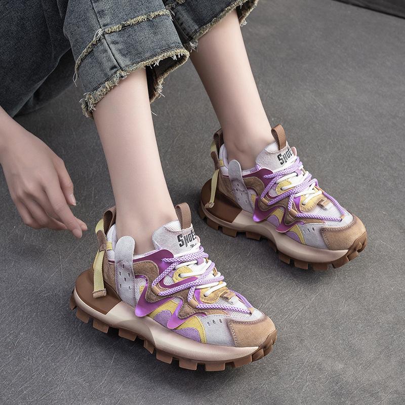 Fashion GKTINOO 4.5cm Heels Genuine Leather Casual Sneakers Sandals Women Breathable Mesh Summer Flats Mixed Color Fashion Shoes