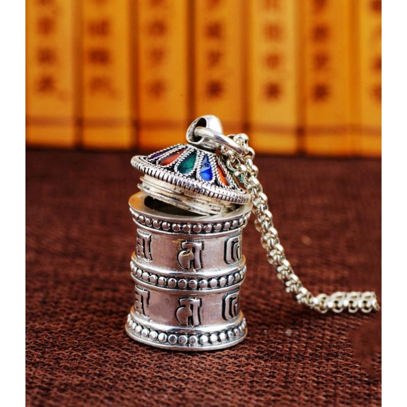Vintage Oxidized Tibetan Prayer Box Pendant With Openable Compartment Six Words Mantra Ethnic Style Necklace Copper Pendant with Tibetan Silver Finish