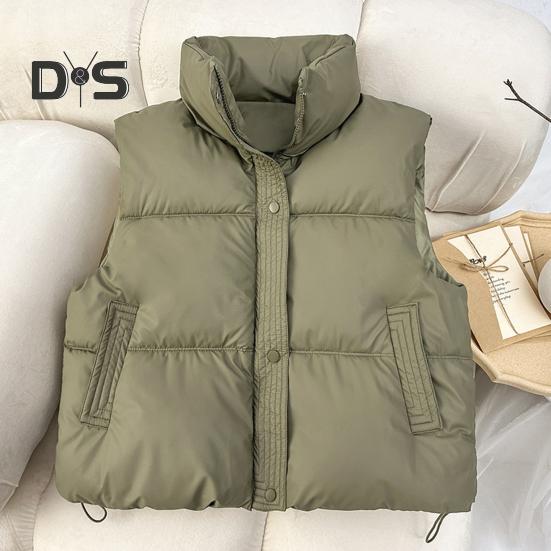 Zimowy damski płaszcz kamizelkowy pogrubiony wyściełany zapięcie na zamek błyskawiczny kołnierz stójka bez rękawów jednolity kolor wodoodporny zatrzymujący ciepło płaszcz puchowy na zewnątrz