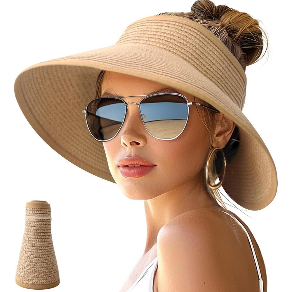 Women'S Sun Hats with Wide Brim, Roll-Up Design for Beach, Ponytail-Friendly, Packable And Foldable Straw Visor for Travel