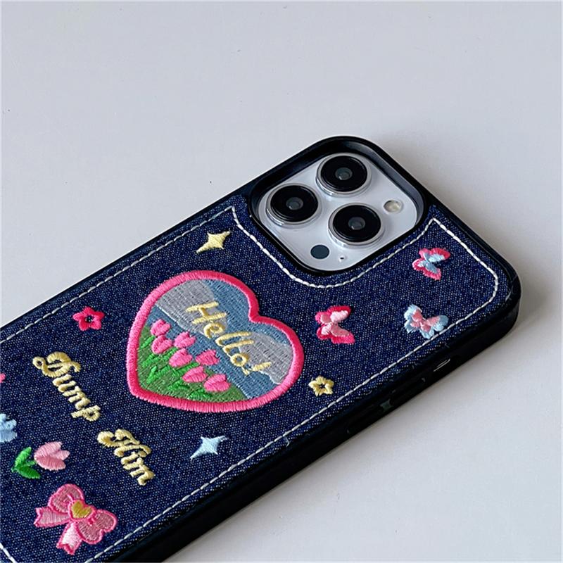 Ins koreanische süße Blume Denim bestickt Handytasche für Iphone 14 13 12 11 Pro Xs Max X Xr Liebe Herz Y2k stoßfeste weiche Abdeckung