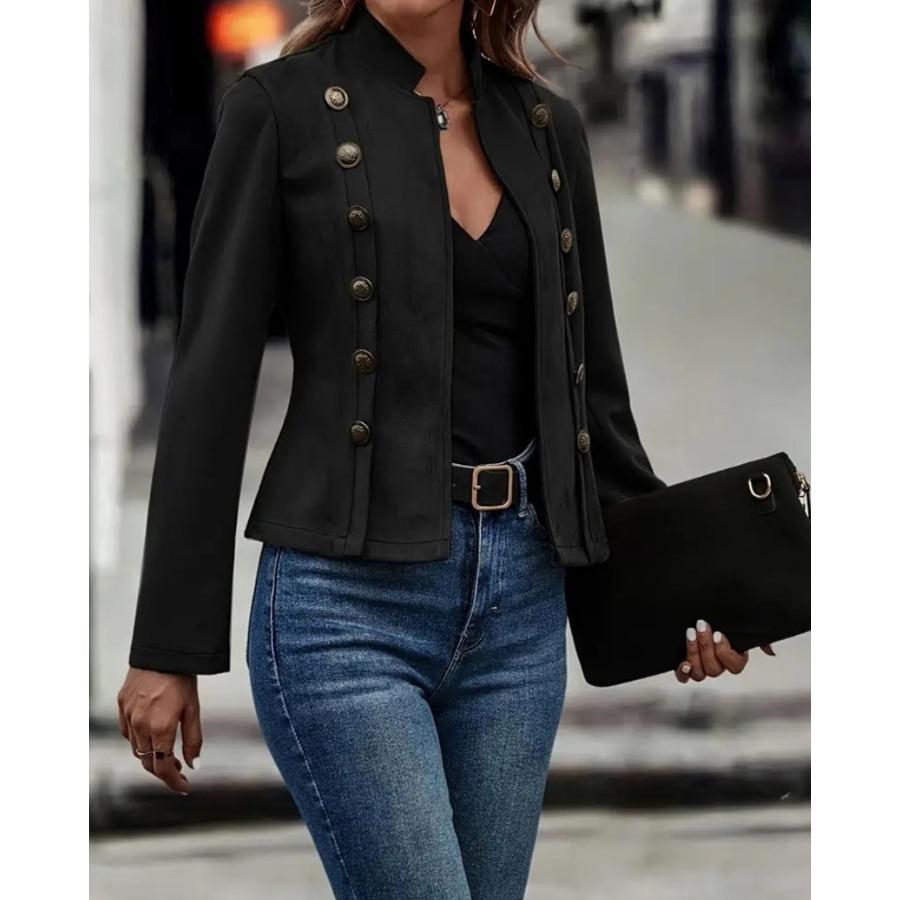 Женская однотонная двубортная декоративная короткая куртка из искусственной замши с длинными рукавами в стиле ретро S чёрный