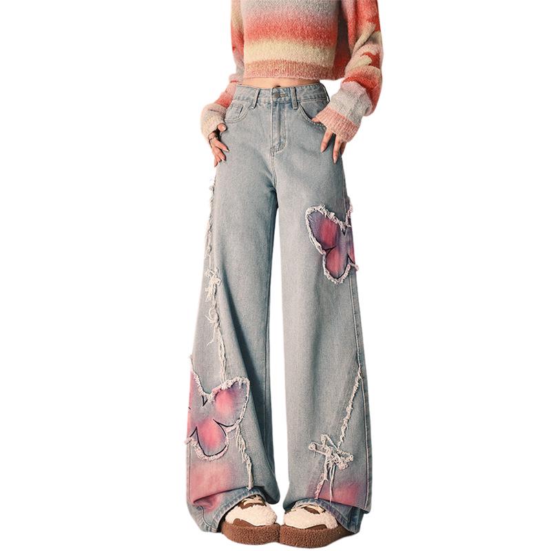 Plus Size Butterfly Patchwork High-Waist Jeans - Chic Women's Wide-Leg Summer Pants