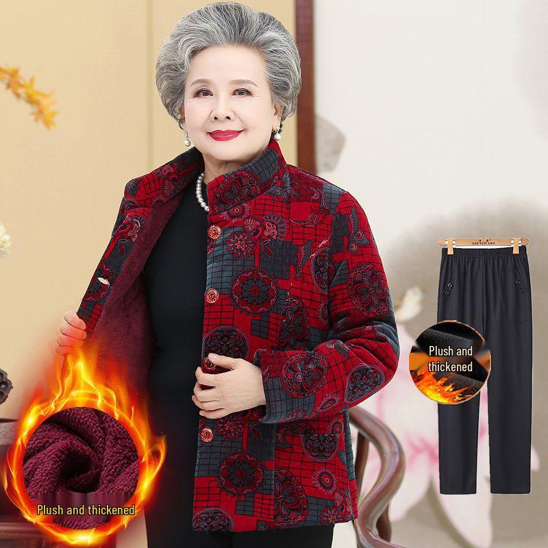 Fleece-Lined Winter Jacket for Middle-Aged and Elderly Women: Grandma Style, Thickened Cotton, Two-Piece Set (Top and Jacket).