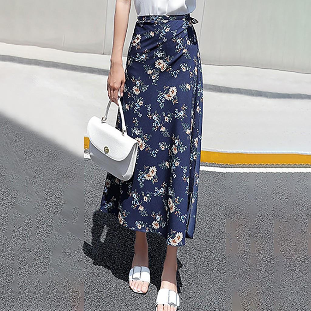 Fashion Ladys Beach Skirt Mid-Calf High Waist Slim Printing Skirt Casual