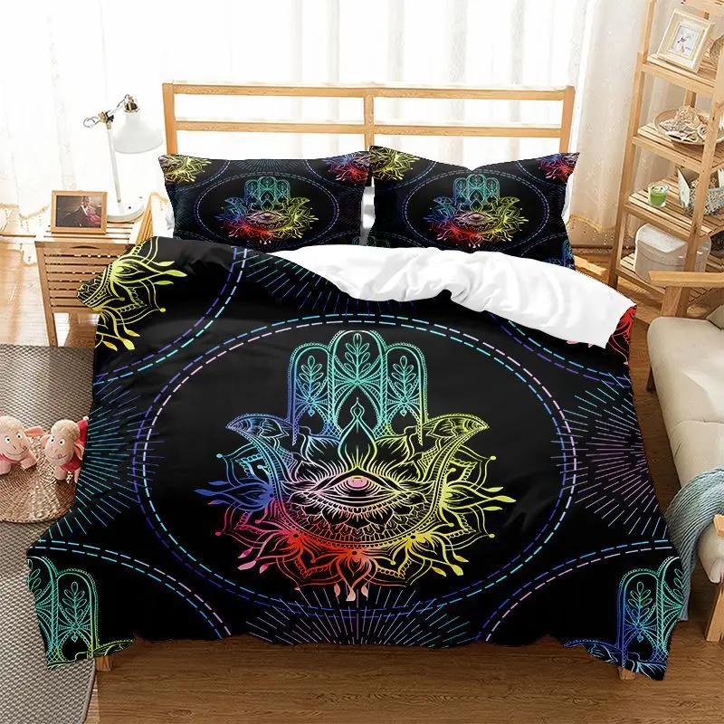 Hamsa Hand Bedding Sets Boho Hamsa Eyes Comforter Cover Exotic Bohemian Duvet Cover Set for Kids Boys Girls Trippy Art Bedspread