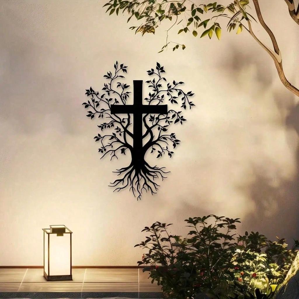 Wrought Iron Wall Cross with Branch and Root Pattern for Home Church Decor