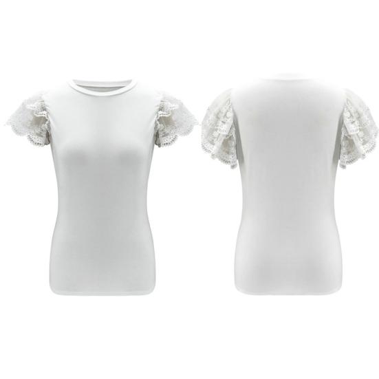 Tricou bluză subțire cu mânecă scurtă pentru femei, de culoare uni, cu decolteu cusut cu dantelă