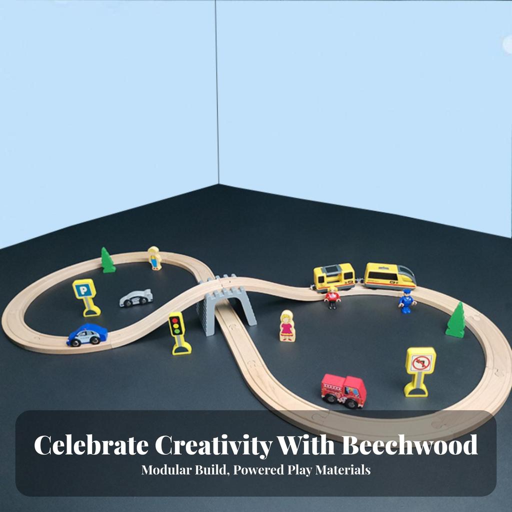 Wooden Train Set Interactive Beech Wood Railway Track Toy with Bridge Safe