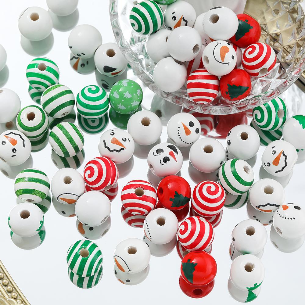 5/10Pcs Wooden Round Printed Beads Christmas Spacer Bead for DIY Bracelet Necklace Earrings Jewelry Making Accessories 16mm