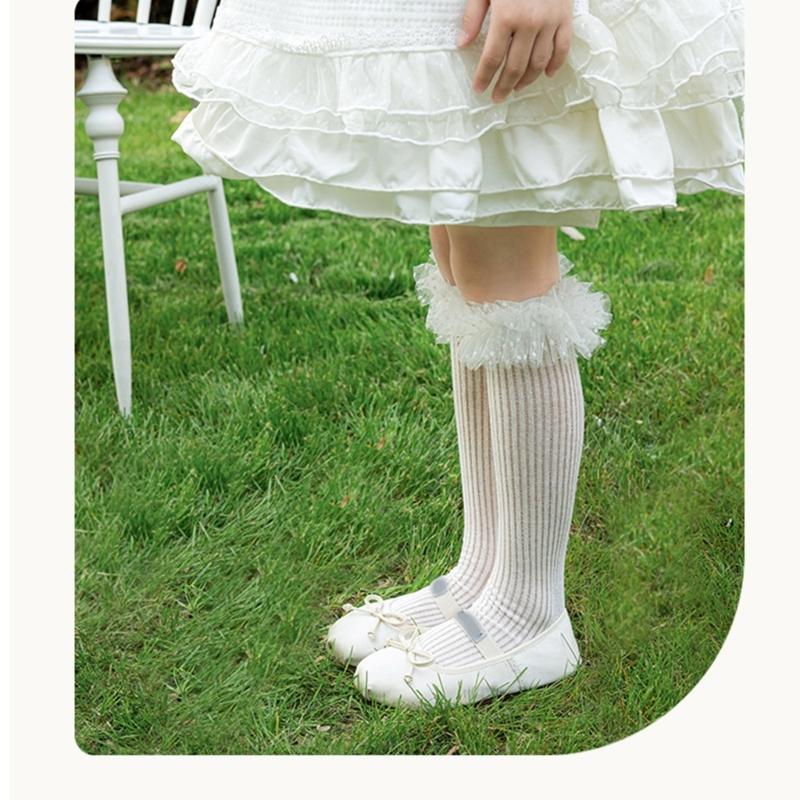 Sweet Style Mesh Dress Socks with Decorative Edge Accent for Toddler Girls Formal Event Under Knee Length Stockings