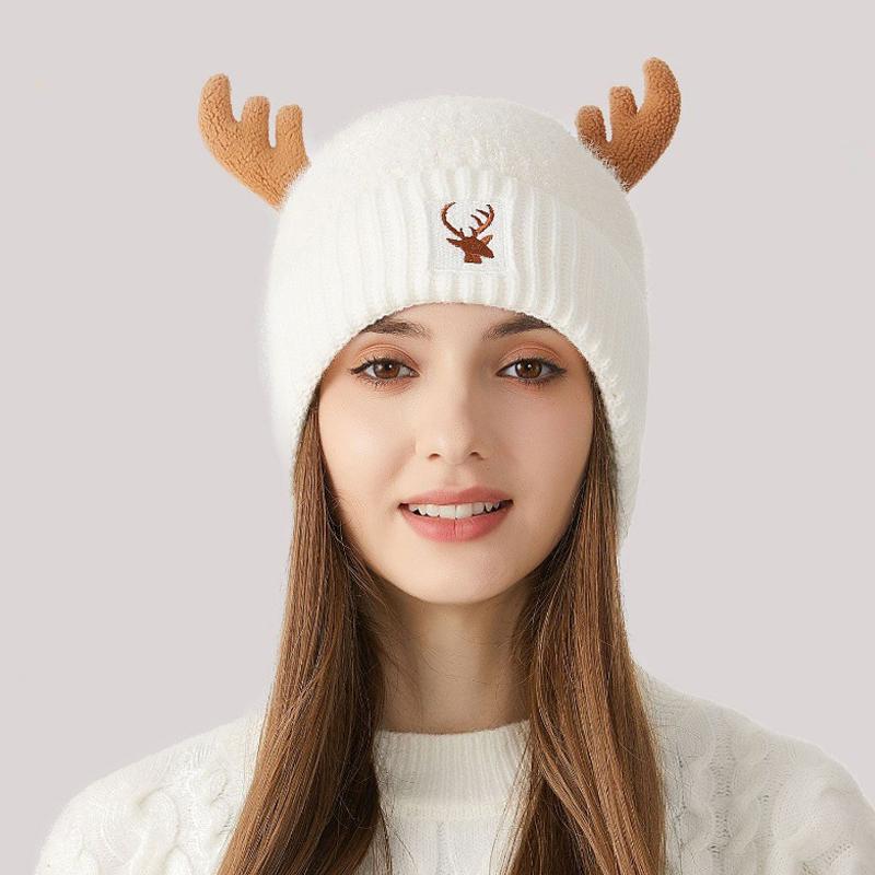 Knitted Hat Women's Stitching Antler Ear Protection Thick Warm Hat Women's Winter Wool Hat