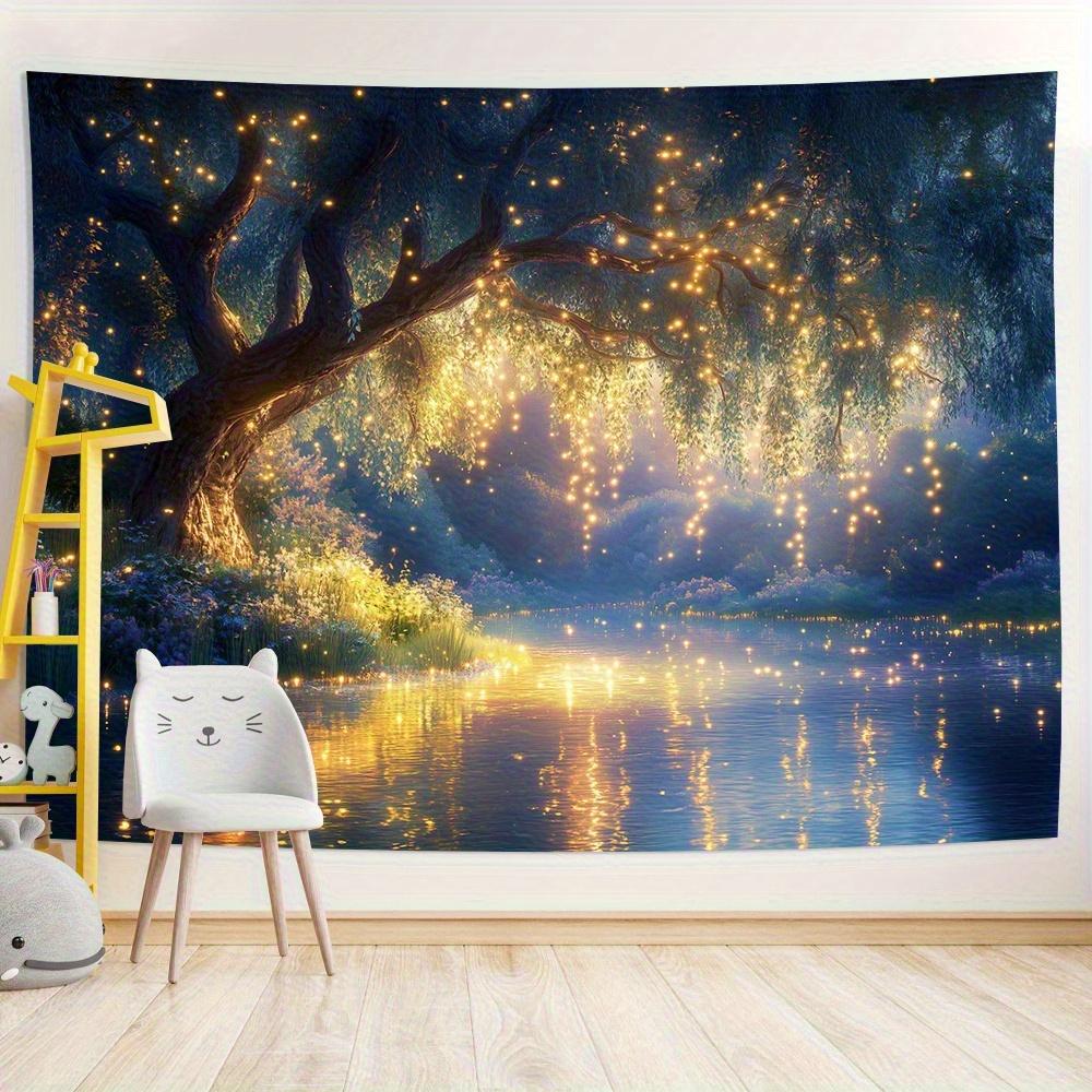 Glowing Tree Tapestry, Fireflies over River at Night, Magical Forest Landscape Wall Hanging for Bedroom Living Room Home Decor