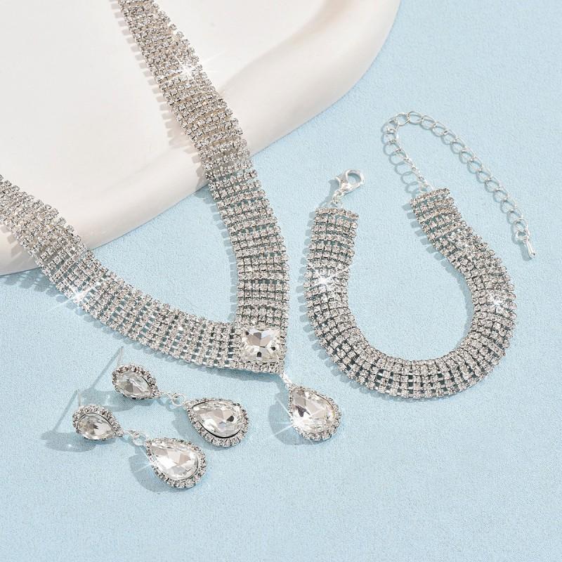 Waterdrop Crystal Pendant Necklace Set With Earrings Bracelet Women Formal Evening Wear