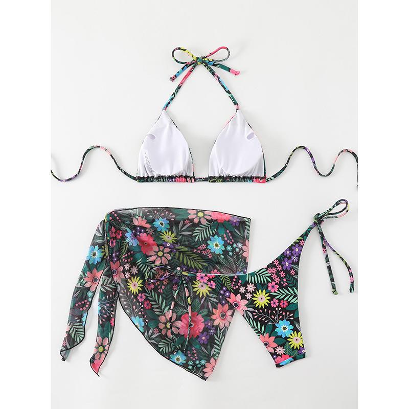 3 Piece Bikini Set Women Cover Up Swimwear Female Floral Printed Swimsuit String Thong Beach Wear Sexy Skirt Bathing Suit Summer
