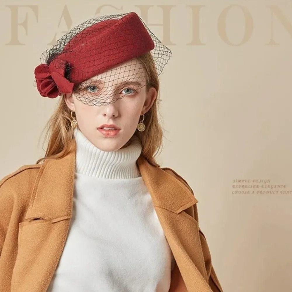 Flower Mesh Topper Hat Solid Color Woolen Beret Woolen Top Hat Formal Hat Performances