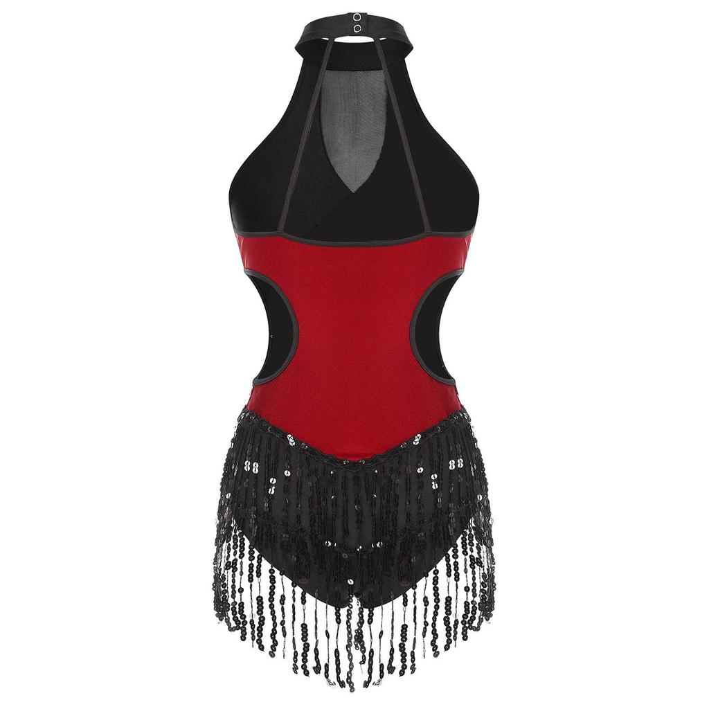 Women's Shiny Sequins Tassel Latin Jazz Dance Leotard Bodysuit Crisscross Back Lyrical Dance Costume