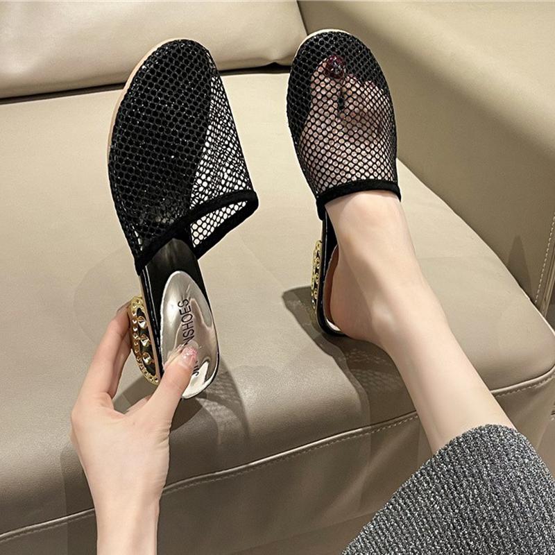 

Fashion Women Slingback Slippers Casual Mid Heels Shoes Fashion Mesh Cozy Pumps Woman Dress Sandals 2025 Summer New Zapatillas De Mujer 35 чёрный