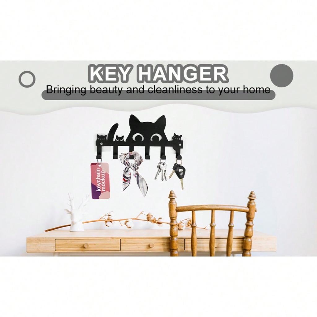 Wall Mount Cat Key Holder 6 Hooks Self Adhesive No Drilling Space Saving Entryway Decor