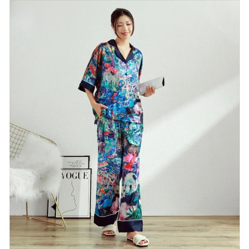 Neue französische Damen-Nachtwäsche Eis-Seide bedrucktes Mittelarm-Set mit hochwertigem Gefühl, Ins-Stil Revers Hausanzug Set Pyjama