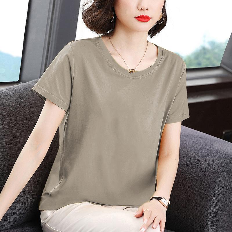 

Large size women s clothing round neck short sleeve summer new solid color literary retro loose casual t-shirt M хакі