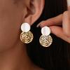 18k Real Gold Plated Geometric Hollow Round Contrasting Silver Needle Earrings Earrings.