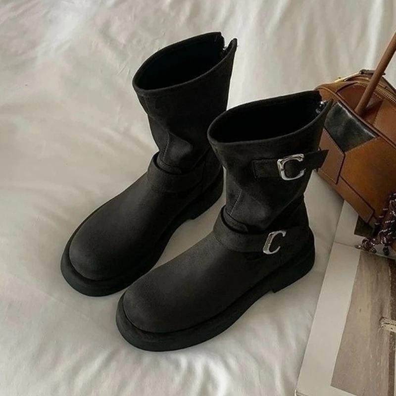 Fashion Brown Suede Ladies Mid Calf Shoes Autumn Winter 2025 Novelty Sale Demi-season on Offer Cosplay Fashion Women's Half High Boots