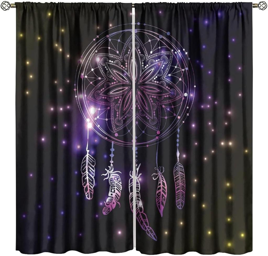 Colorful Dream Catcher Curtains Night Sky Stars Purple Feathers Curtain with Rod Pocket for Bedroom Living Room Decor Drapes