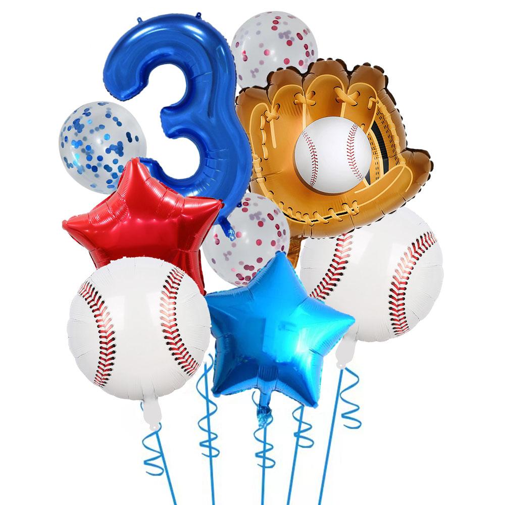 9pcs Baseball Themed Aluminum Foil Balloon Set 32inch Digital Pentagram Glitter Ball Children's Birthday Party Decoration