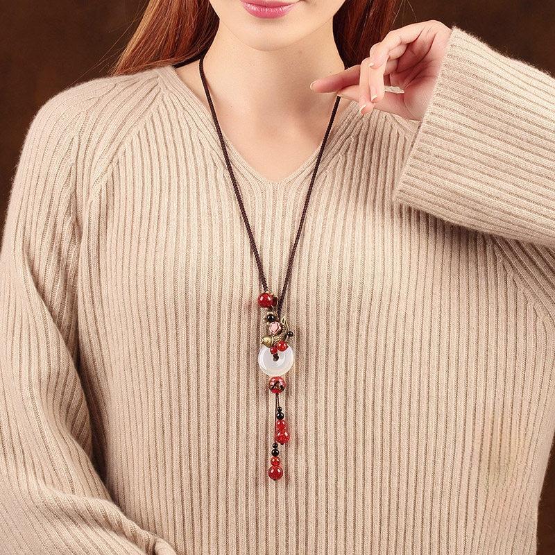 GEMCHIC Women's Vintage Ethnic Style Long Sweater Necklace with Glass Ping An Buckle Pendant and Red Beads