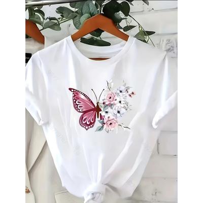 Elegantes Damen-T-Shirt mit Schmetterlings- und Blumendrucken - Atmungsaktiv, Rundhalsausschnitt, Kurze Ärmel, Maschinenwaschbar, Leicht und Stilvoll