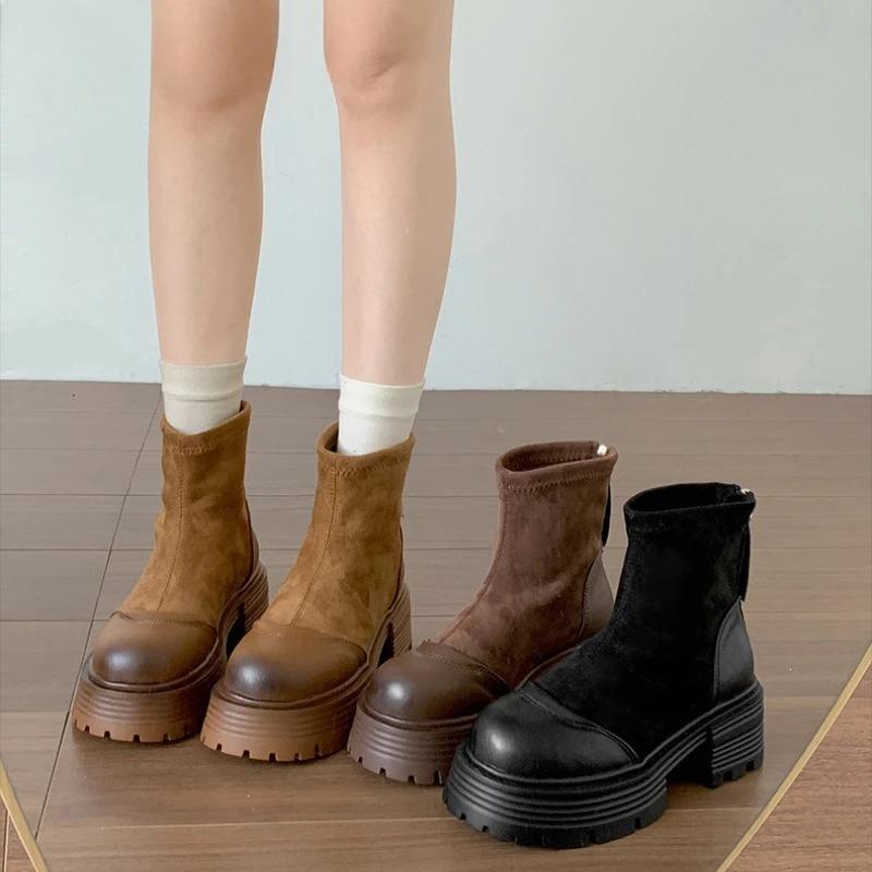 Vintage Platform Thick Sole Woman Ankle Boots Design Back Zippers Shoes Autumn Winter Slim Height Increase Short Botas