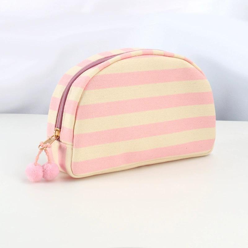 Personalized Embroidered Striped Pompon Cosmetic Bag Canvas Travel Toiletry Bag Shell Large-capacity Portable Outing