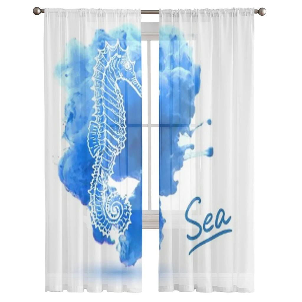 Seahorse On A Watercolor Sheer Curtains For Living Room Modern Fashion Valance Curtains For Kitchen Tulle Curtains