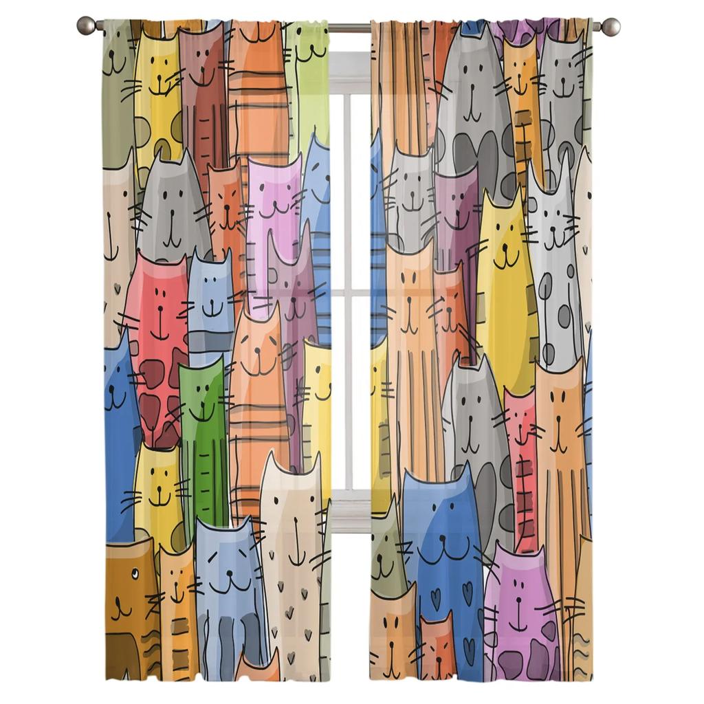 Cartoon Animal Color Cat Tulle Window Curtains Living Room Organza Yarn Sheer Voile Curtain Bedroom Kitchen Home Decor Drape