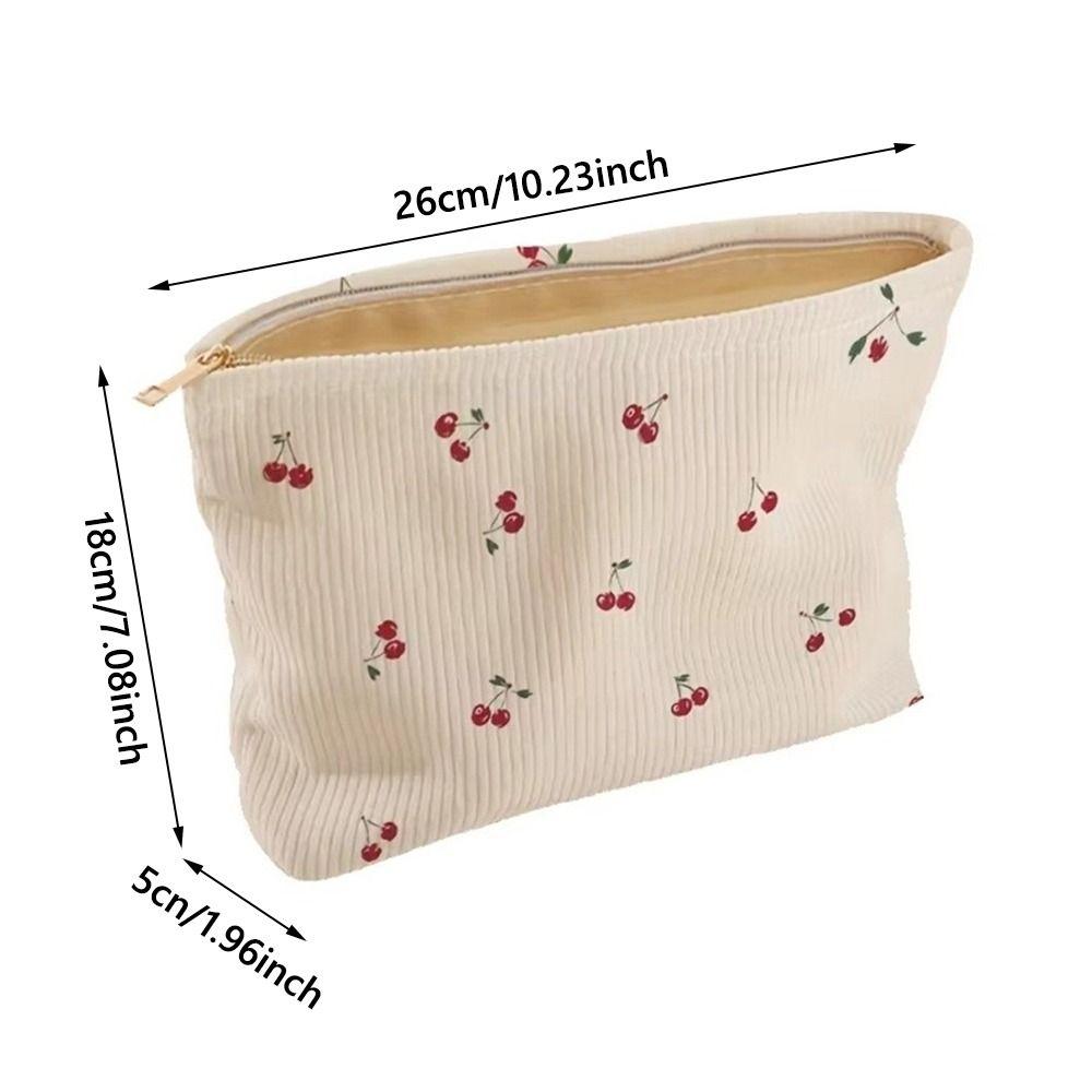 Durable Lightweigh Cherry Makeup Bag Corduroy with Lining Zipper Makeup Storage Box Portable Multifunctional Bag Daily Use