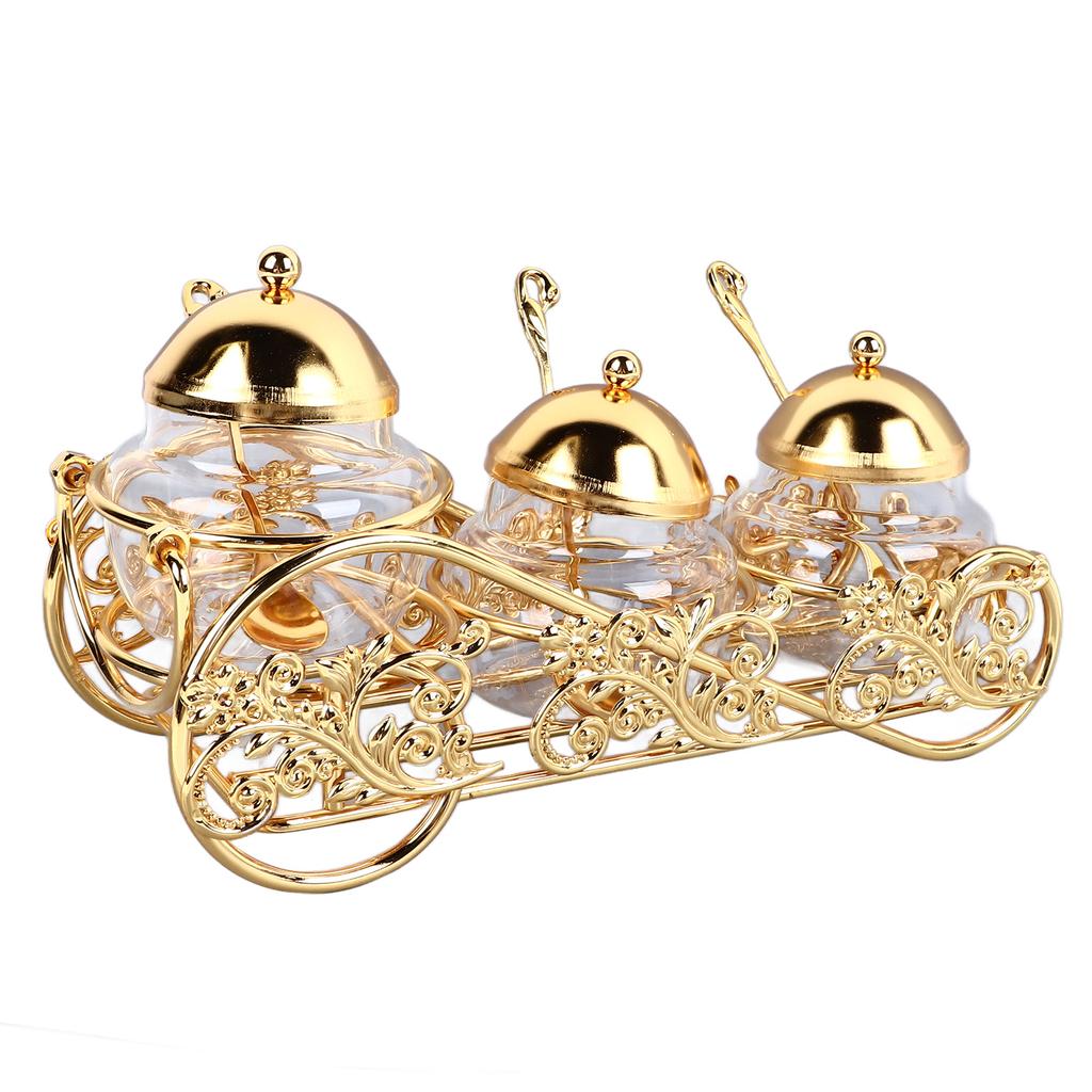 3 Piece Set European Style Gold Sugar Jar with Lid Spoon Polished Glass Seasoning Jar Condiment Pot