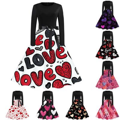 Women's Casual Fashion Round Neck Valentine's Day Printed Retro Dress
