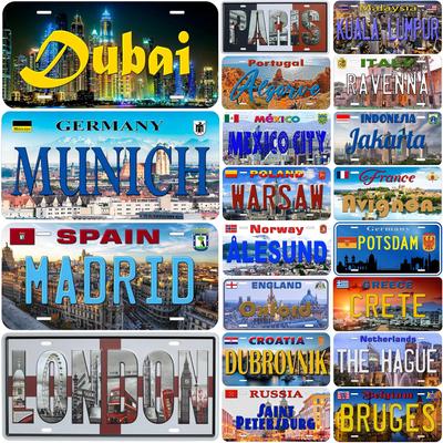 Vintage rendszámtáblák dekorációs táblák Vintage Dubai München Madrid Moszkva város Címkék Fém autóipari táblák az autó első részére
