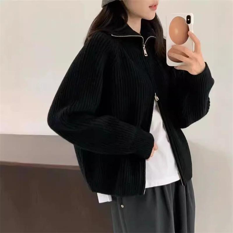 Women's Autumn and Winter Loose Lapel Double Zip Knitted Cardigan Sweater