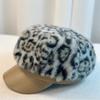 Plush Leopard Print Newsboy Hat with Leather Brim