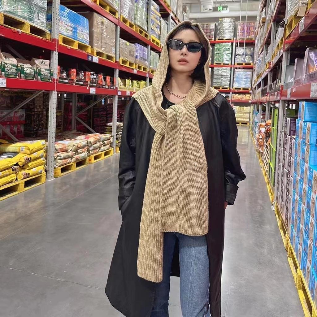 Knitted striped hooded shawl Korean autumn and winter new hat, scarf integrated outer with windproof and warm hood