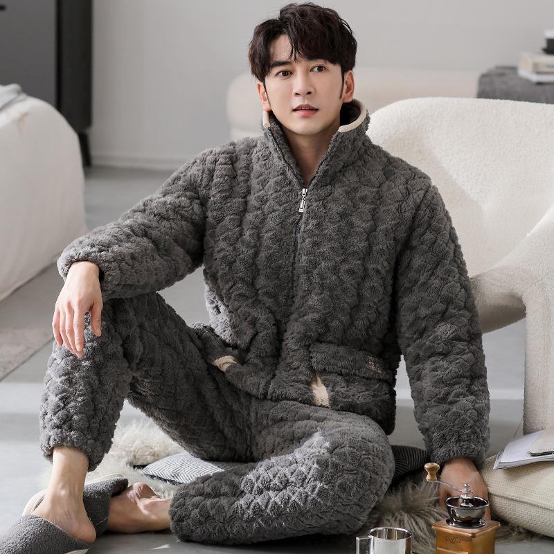 

Пижама мужская зимняя утолщенная трехслойная из кораллового флиса с хлопковой подкладкой большого размера осенне-зимний фланелевый комплект для дома на молнии 3XL