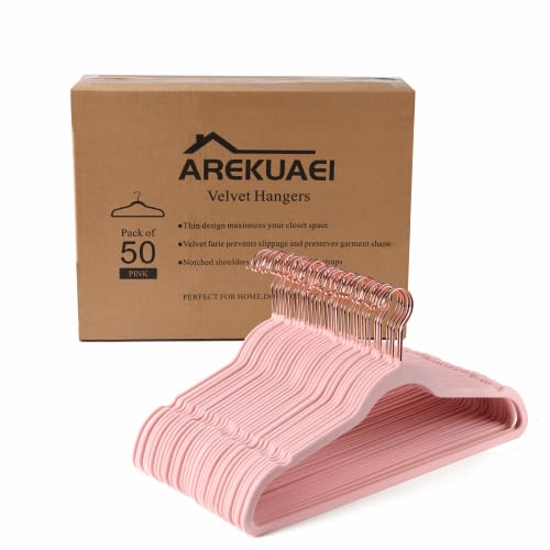 AREKUAEI Premium Blush Pink Velvet Hangers (50-Pack) Heavy-Duty - Non-Slip - Copper/Rose Gold Hooks, Space-Saving Clothes Hangers