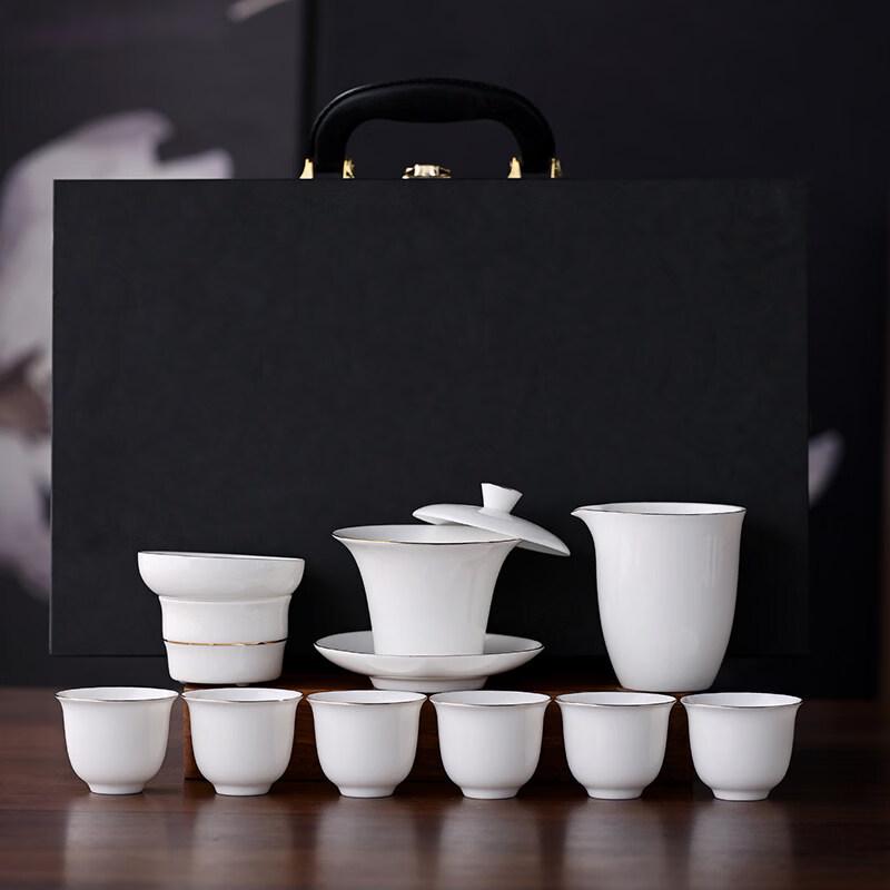 Ru Han Chinese Ceramic Tea Set with Gold-Traced Gaiwan and Wind Chime Cups