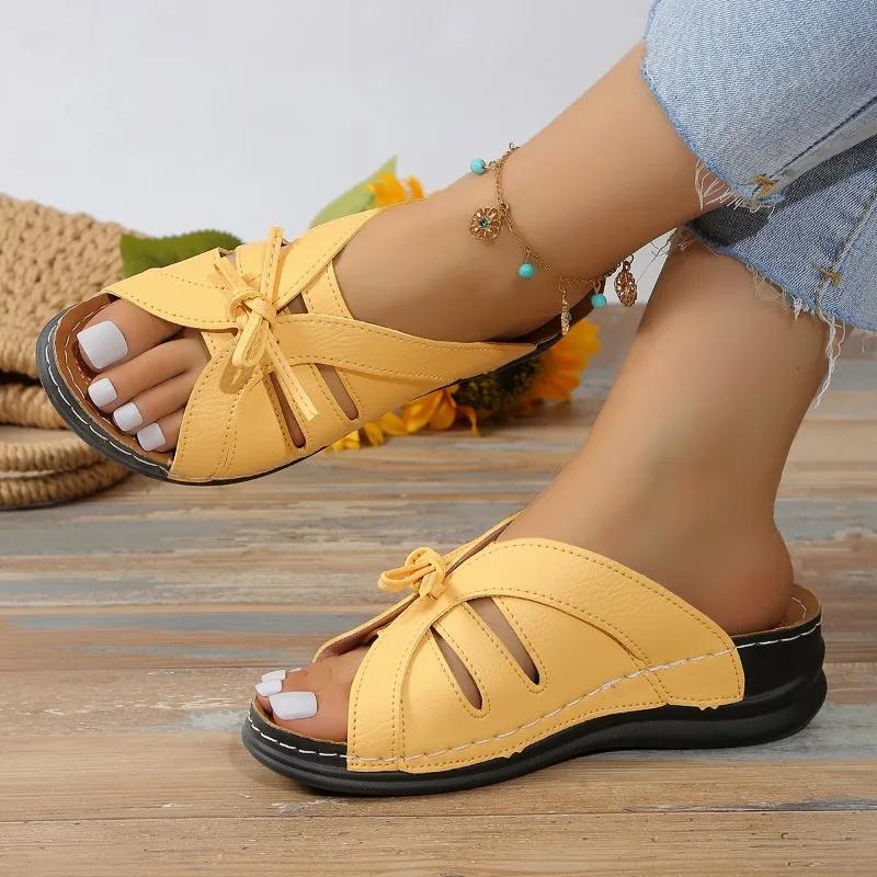 New Summer Open-toe Roman Sandals Solid Color Slippers Women's Casual Beach Slippers Bow Wedge Heel Slippers Slides Women