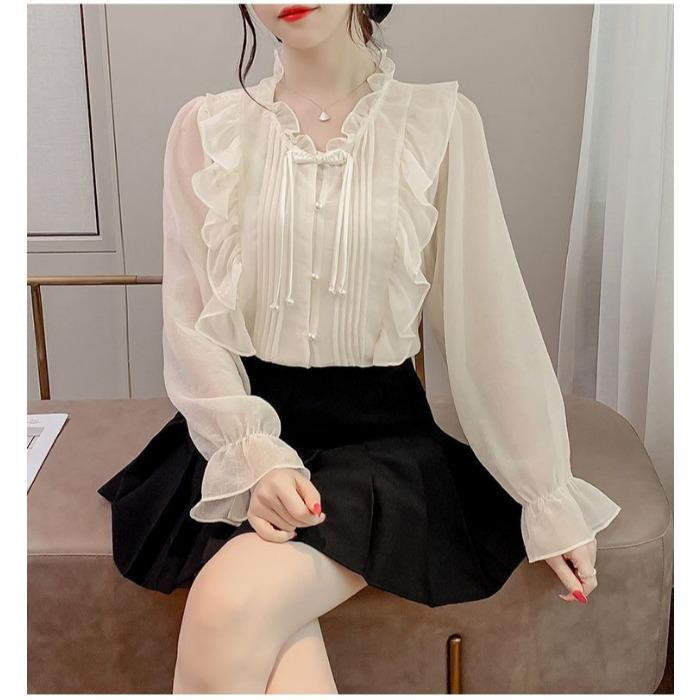 Camicetta in Chiffon Morbido con Pizzo e Volant Stile Francese per Donna Autunno con Design Unico e Stile Chic