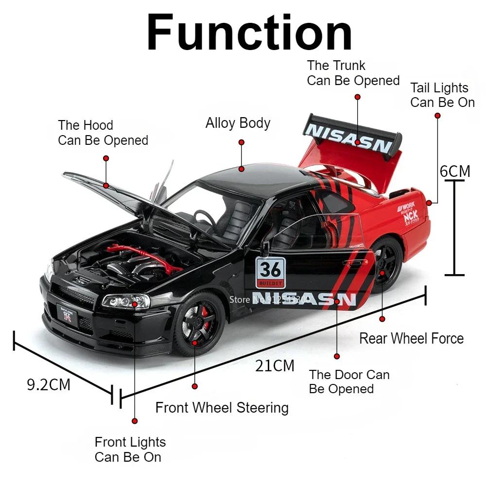 1:24 GTR SKYLINE R34 Automodell Spielzeug Licht Ton Rückzieher Türen zu öffnen Miniatur Straßenbahnmodelle Sammlung Geschenke für Kinder