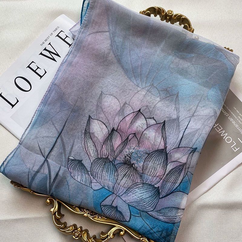 New Fashion Green Grass Women Chiffon Individuality Lotus Flower Georgette Bandana Scarf Summer Beach Sunscreen Thin hijab